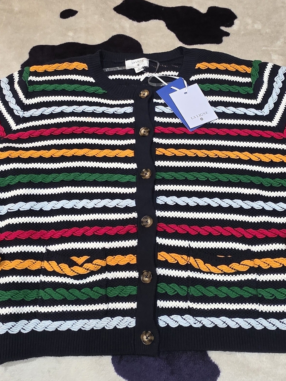 LA LIGNE Men’s Black Multicolor Striped Knit Cardigan